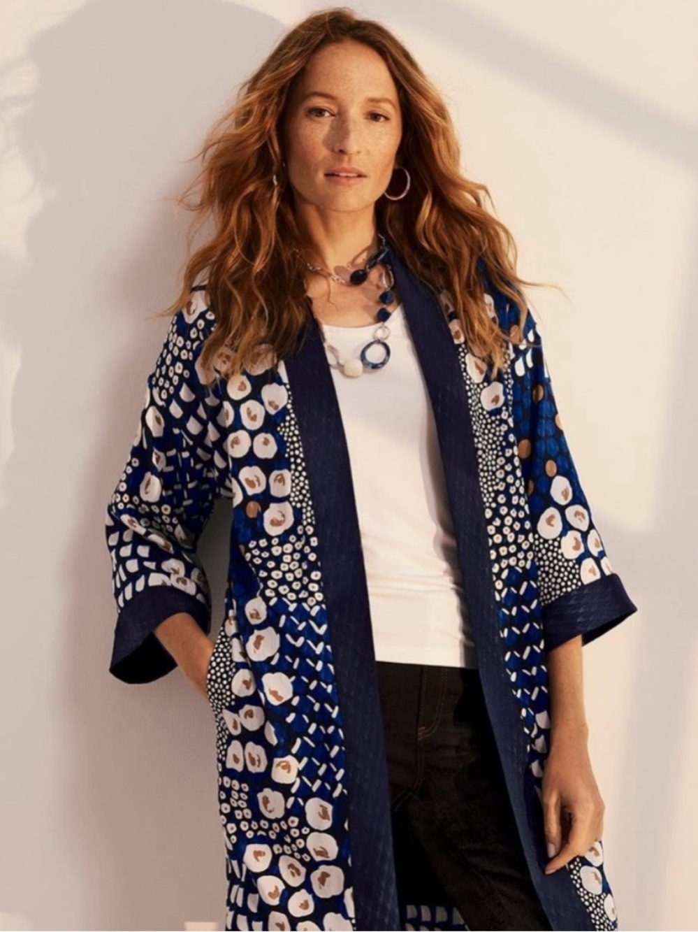 NEW Chico's 0 Indigo Blue Printed Kimono Jacket US Women's 4 Small Boho Artsy